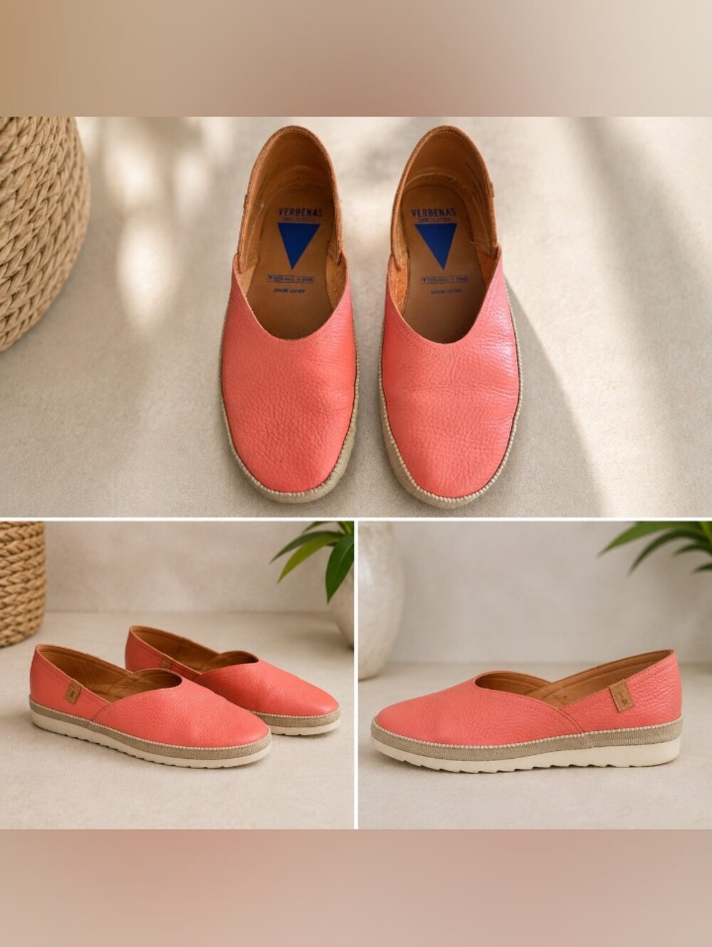 Verbenas Nicole Leather Espadrille Slip On Flats Coral Pink EU 37 Made in Spain